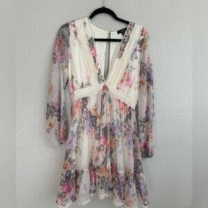 LULU’S Floral long sleeve v neck cream dress medium